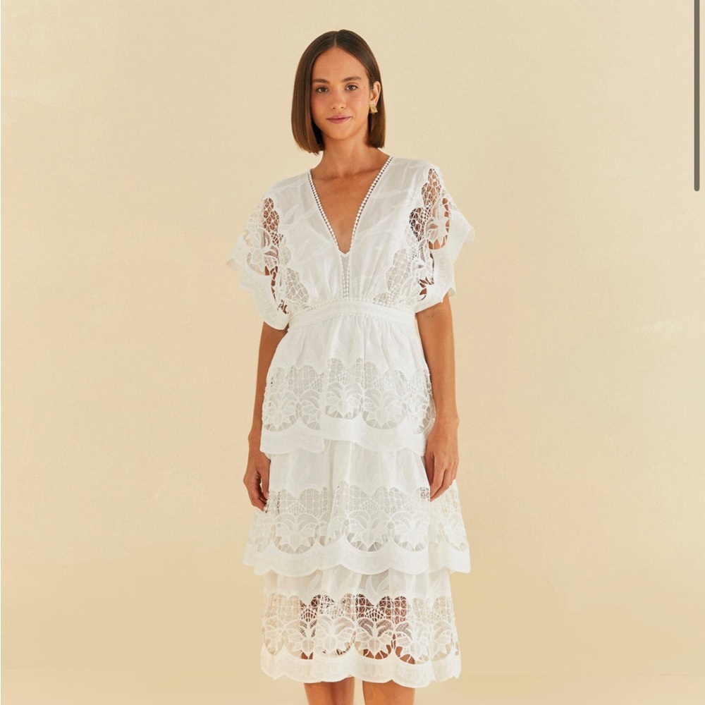 FARM RIO Off-White Richelieu Midi Dress